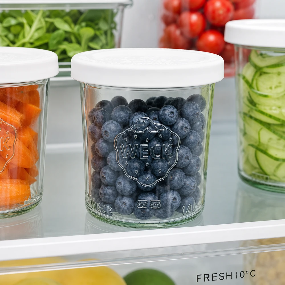 WECK Pot renversé 140ml RR60 avec myrtilles au réfrigérateur - conservation optimale des fruits et des aliments