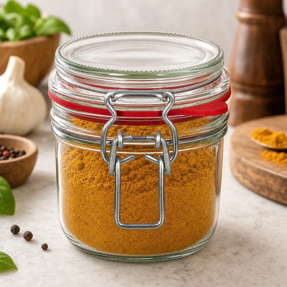 Bocal de conservation de 255 ml, type G, avec bouchon à clip UN.. 255ml Bügelverschluss-Glas gefüllt mit Kurkuma-Gewürzpulver in moderner Küche mit Kräutern und Gewürzen