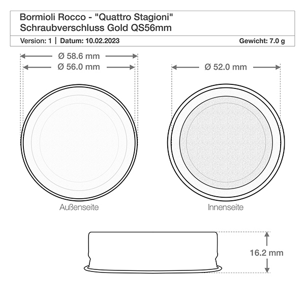 Dessin technique Bormioli Rocco Quattro Stagioni bouchon à vis or QS56mm avec dimensions et poids