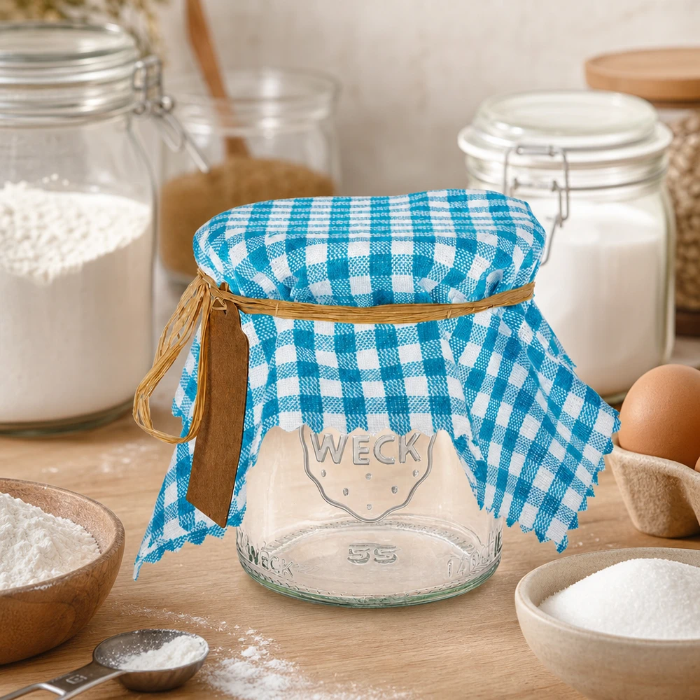 Couvercle en tissu à carreaux turquoise dans la cuisine avec bocal, farine et ingrédients pour la pâtisserie comme équipement de cuisine
