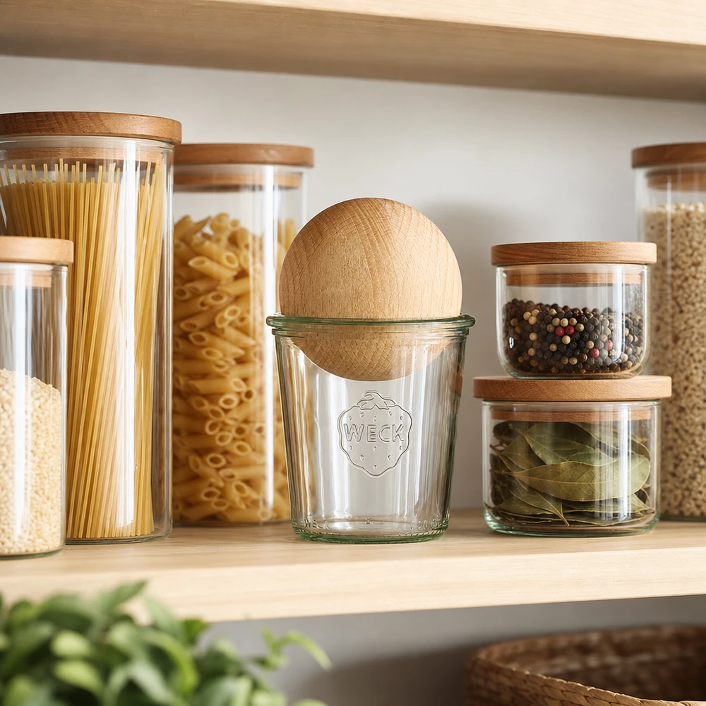 WECK Bocal 290ml RR80 avec boule en bois de hêtre dans un garde-manger organisé entre les récipients à épices et à pâtes
