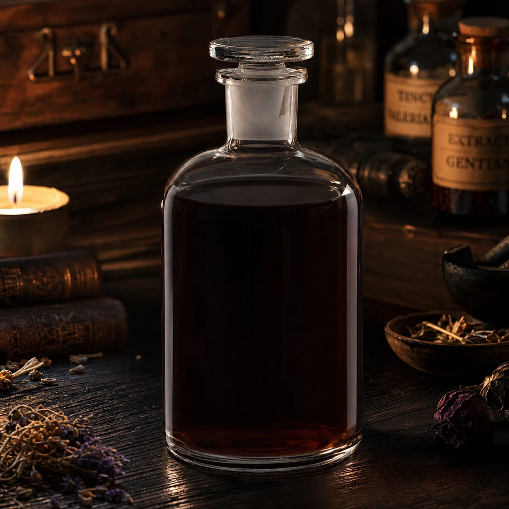 Flacon pharmaceutique 500 ml col étroit en verre clair + bouchon Bouteille transparente à épaulements arrondis de 500 ml, à col étroit et bouchon en verre, sur fond représentant une ancienne pharmacie