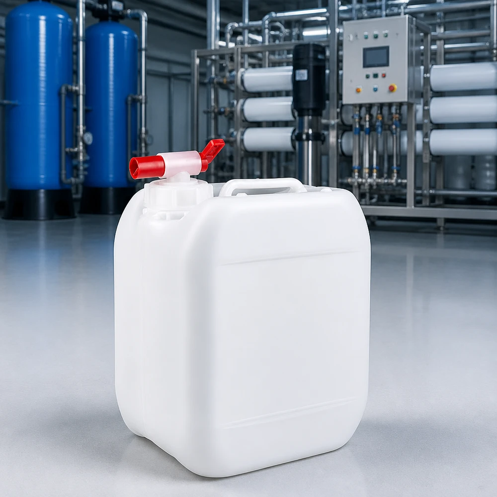 Jerrican de 5 litres avec robinet Bidon en plastique translucide de 5 litres muni d'un robinet à boisseau sphérique rouge, installé en amont d'une station de traitement de l'eau