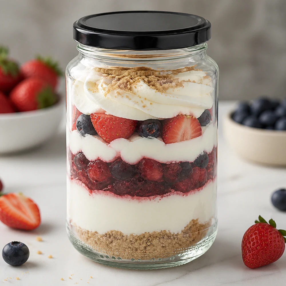 375ml Verre rond avec couvercle BasicSeal noir UNiTWIST 375ml verre rond avec couvercle noir comme verre à dessert pour trifle de baies montre une utilisation créative comme verre à portions