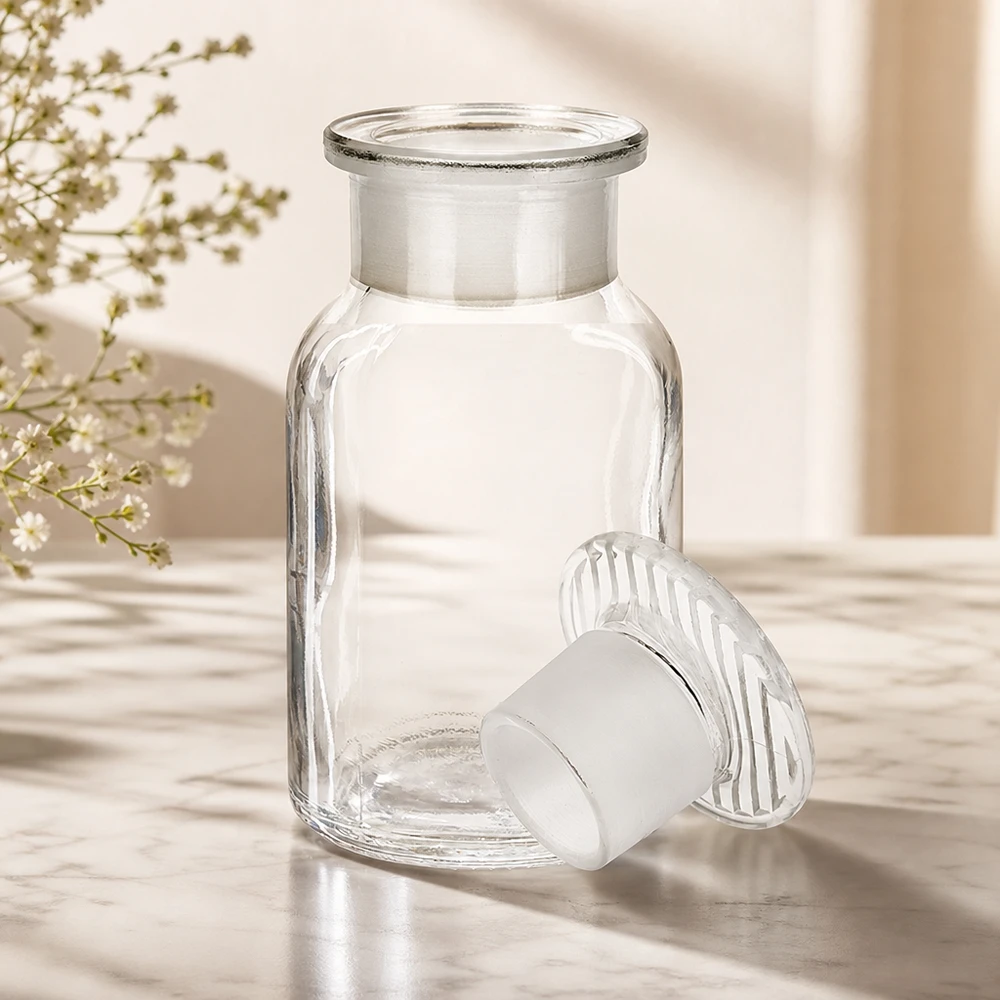 Flacon à épaulement arrondi de 100 ml, à col large, avec bouchon en verre mat transparent, pour échantillons de laboratoire