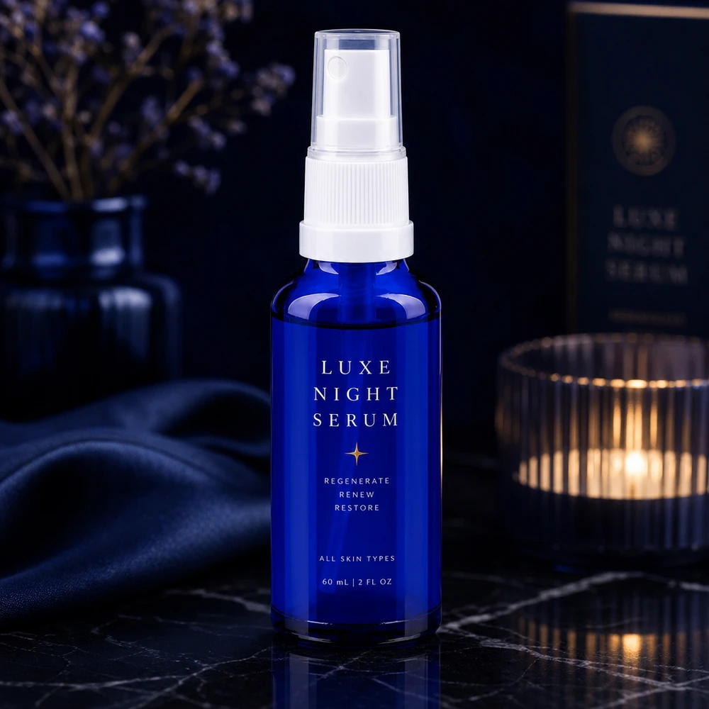 Flacon pulvérisateur en verre de pharmacie bleu de 60 ml avec pommeau blanc, destiné à contenir un sérum de nuit, sur fond marbré