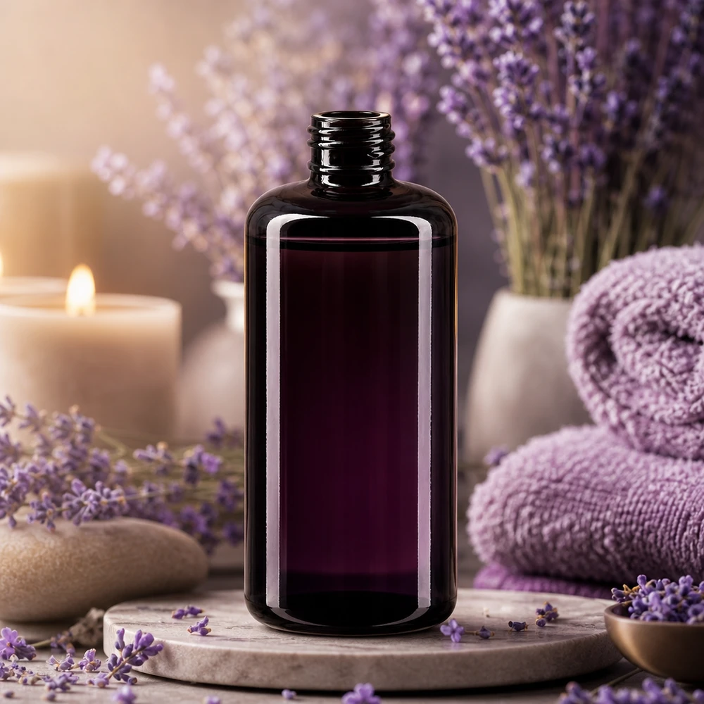 Bouteille robuste en verre violet Draco de 200ml avec un filetage pratique pour les cosmétiques DIY