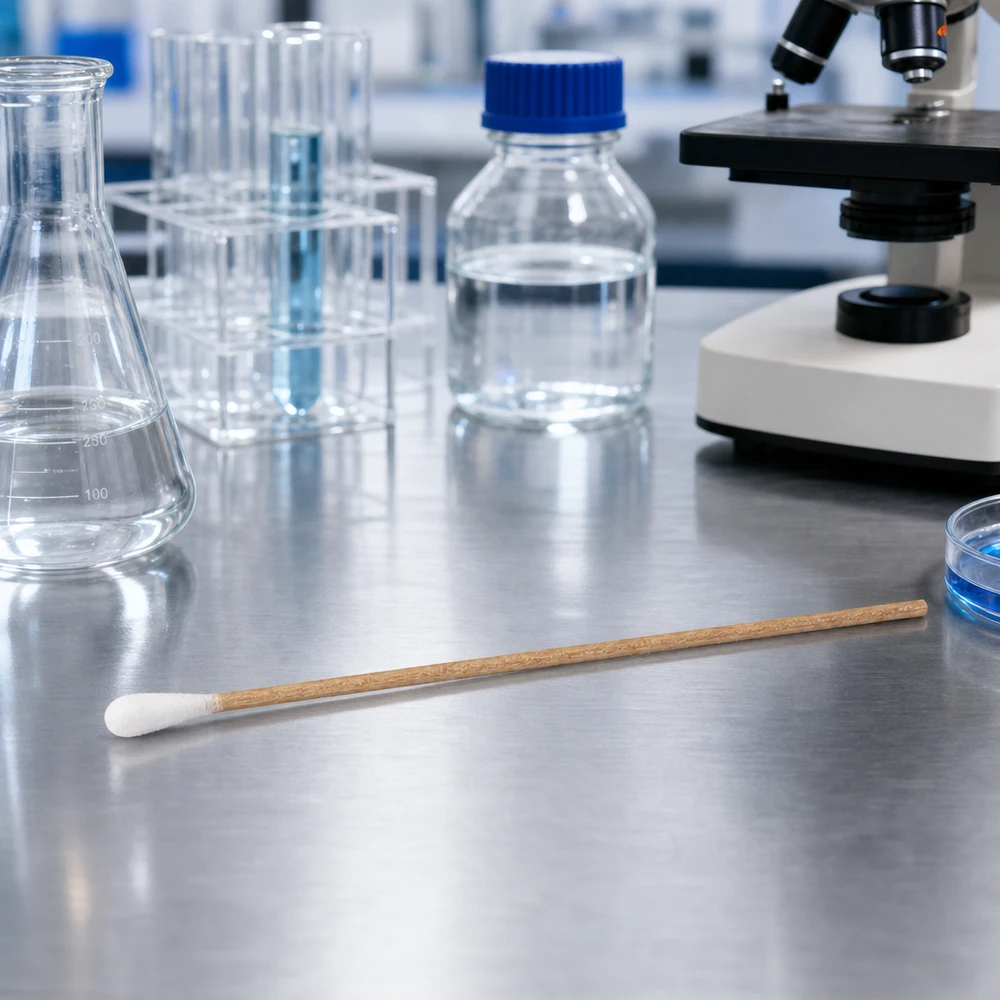 Cotons-tiges non stériles à tige en bois dans un laboratoire, à côté d'un ballon Erlenmeyer et d'un microscope, posés sur une table en acier inoxydable