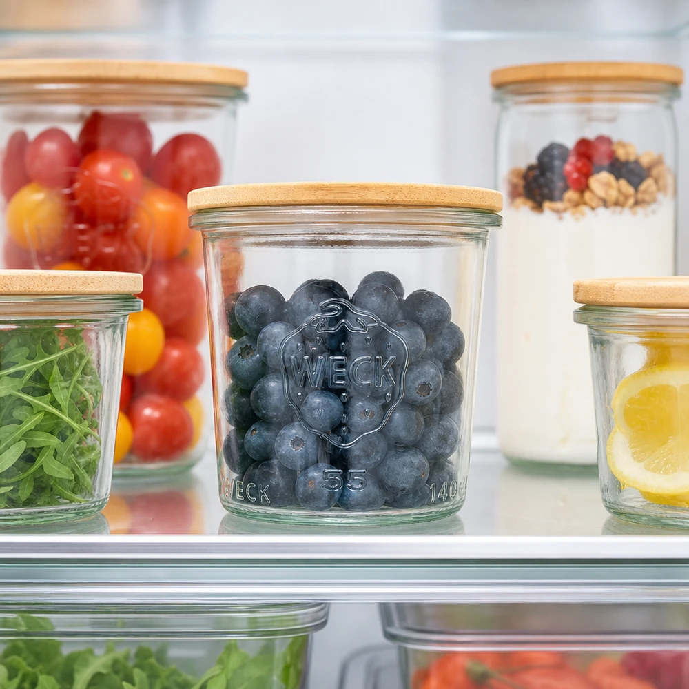 140ml bocal conique WECK RR60 avec couvercle en bois WECK Pot renversé 140ml RR60 avec des myrtilles dans le réfrigérateur montre une conservation optimale de la fraîcheur et des fruits