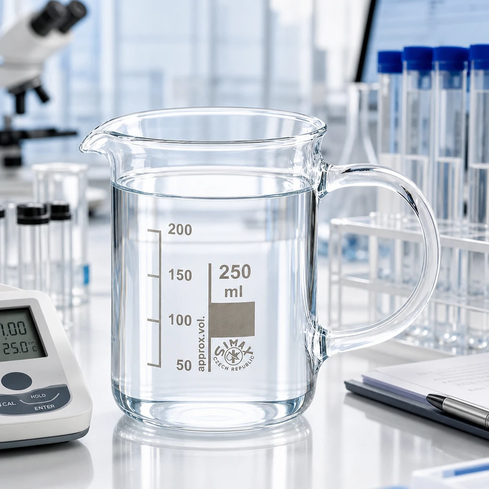 Bécher de 250 ml en verre borosilicaté avec anse, contenant de l'eau claire, posé sur une paillasse de laboratoire blanche avec un microscope