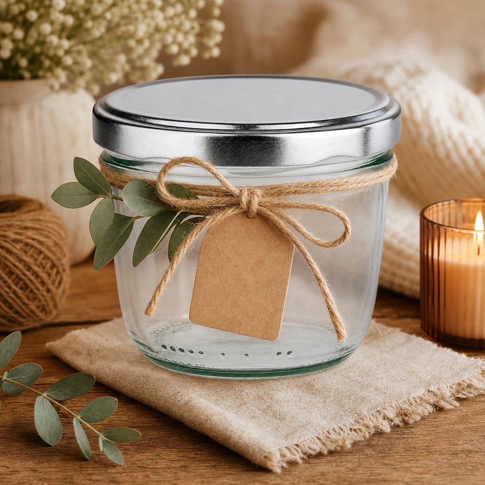 230ml verre renversé argent BasicSeal couvercle décoratif avec boucle de jute étiquette en papier kraft idée cadeau rustique
