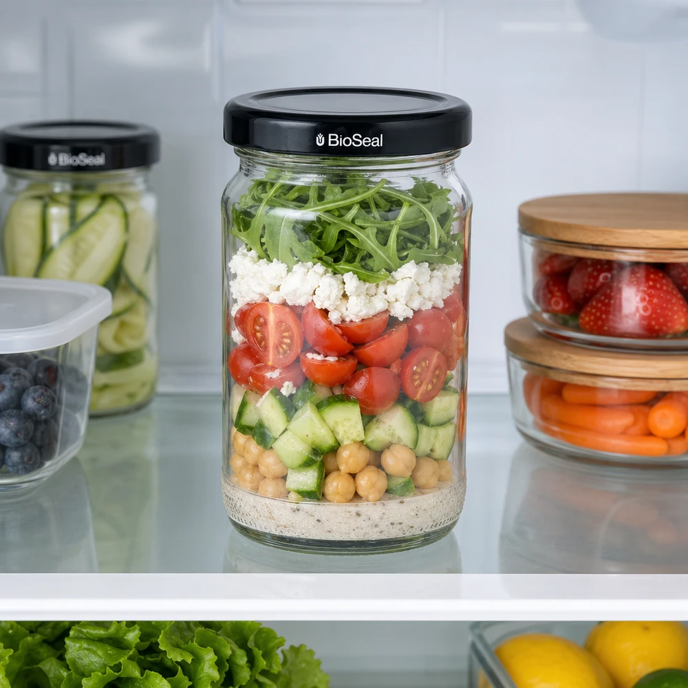UNiTWIST Runda110 Salade à couches dans le réfrigérateur avec couvercle noir TO48 BioSeal - bocal Meal Prep pour ingrédients frais