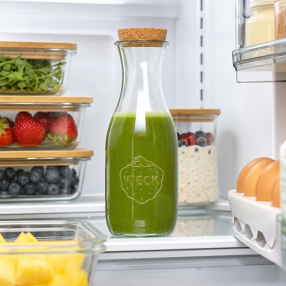 WECK Bouteille de jus 1062ml avec smoothie vert dans le réfrigérateur entre les aliments frais et les récipients de stockage