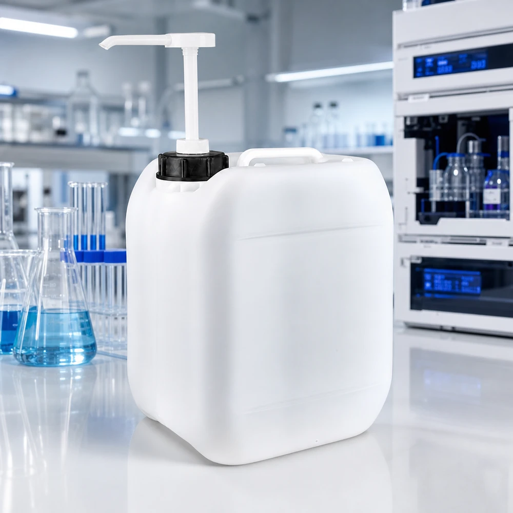 Bidon rectangulaire en PEHD de 5 L muni d'une pompe doseuse, dans un laboratoire moderne équipé de flacons Erlenmeyer