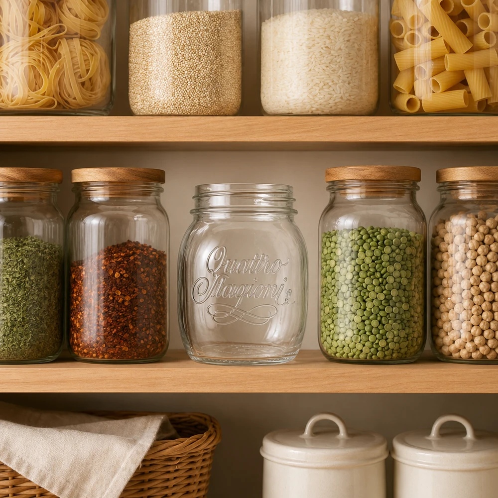 700ml Verre rond "Quattro Stagioni" QS86mm Bocal ménager Quattro Stagioni de 700 ml avec couvercle en bois pour la conservation des légumineuses et des épices dans la cuisine