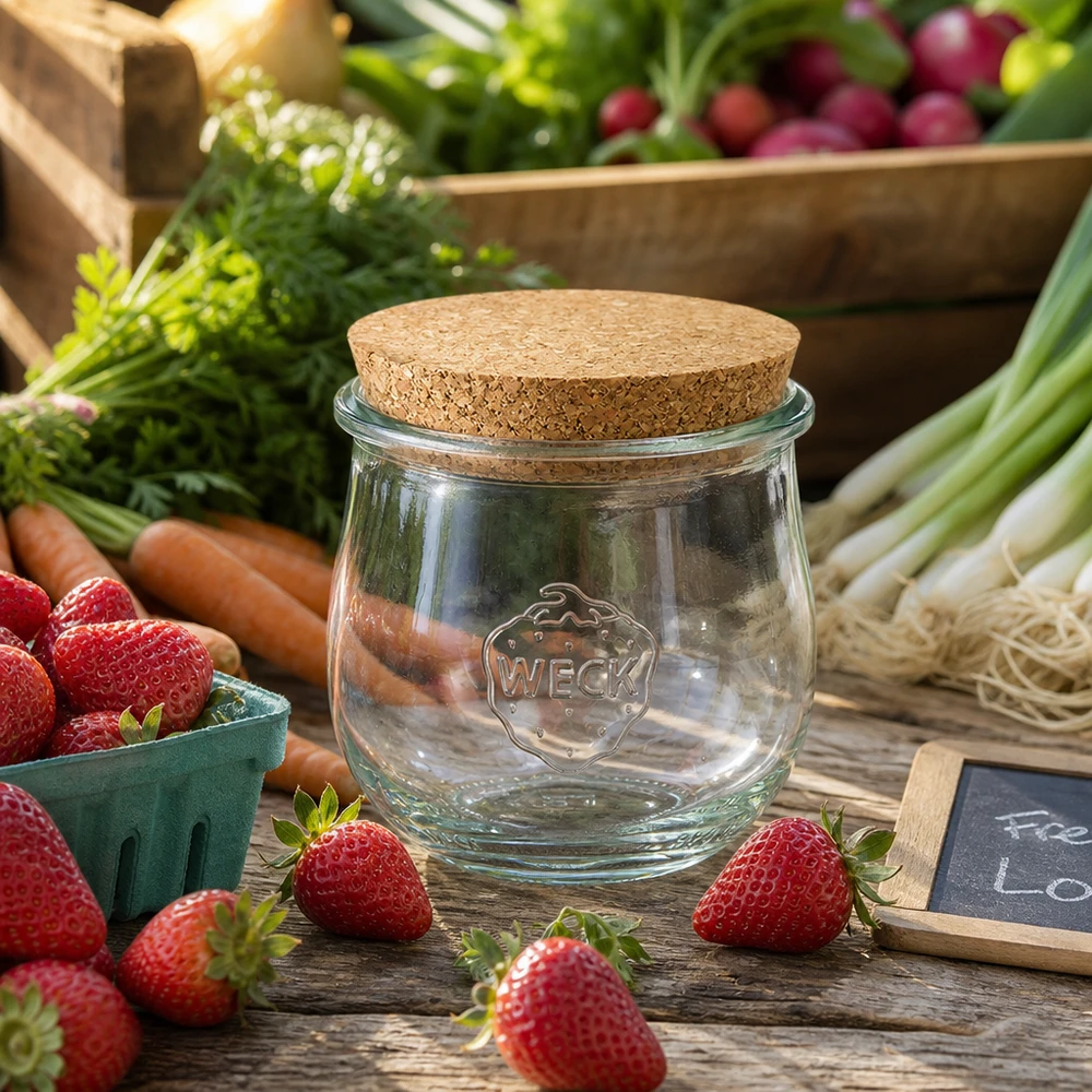 370ml bocal tulipe WECK RR80 avec bouchon nature WECK Pot à provisions 370ml RR80 avec bouchon en liège entre des fraises fraîches et des légumes disposés sur une table en bois