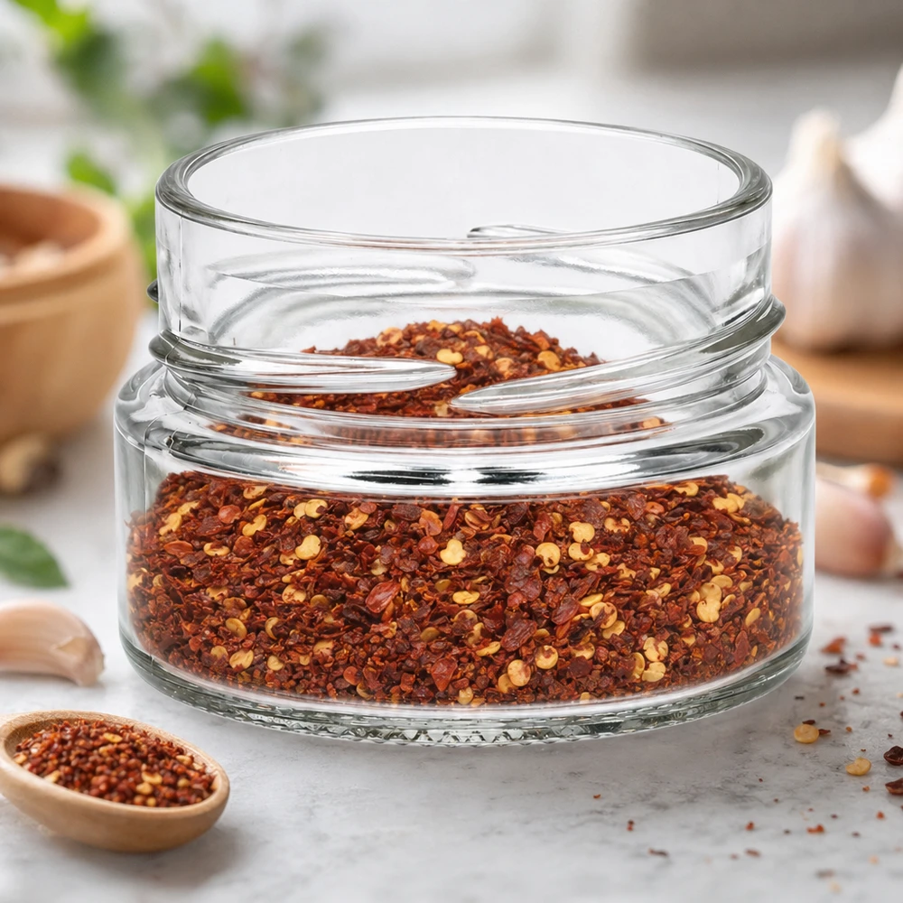 UNiTWIST Runda80 Verre rond 80ml TO58deep rempli de mélange d'épices au piment sur plan de travail de cuisine