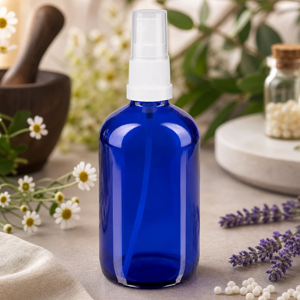 Flacon de pharmacie bleu 100ml embout spray blanc Flacon vaporisateur bleu de 100 ml en verre anti-UV, muni d'une pompe blanche, destiné aux huiles essentielles et aux hydrolats