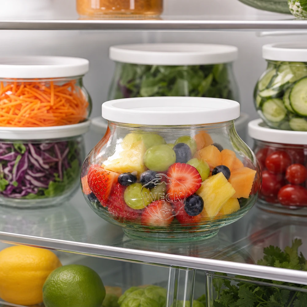Bocal décoratif de 560 ml avec couvercle hermétique WECK RR80 WECK Bocal à bijoux 560ml RR80 avec salade de fruits dans le réfrigérateur à côté d'autres bocaux à provisions avec légumes et salade