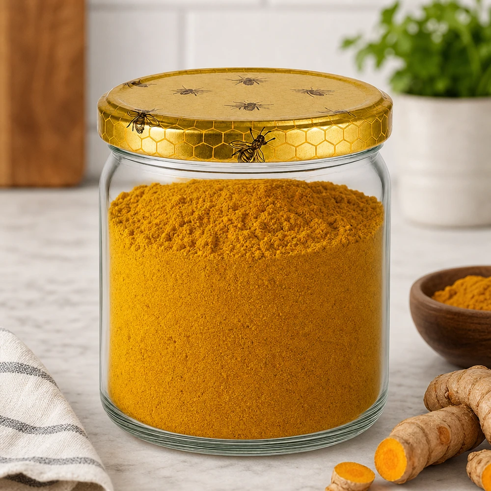 Bocal rond de 408 ml avec couvercle BasicSeal en nid d'abeille rempli de poudre de curcuma à côté de racines de gingembre frais