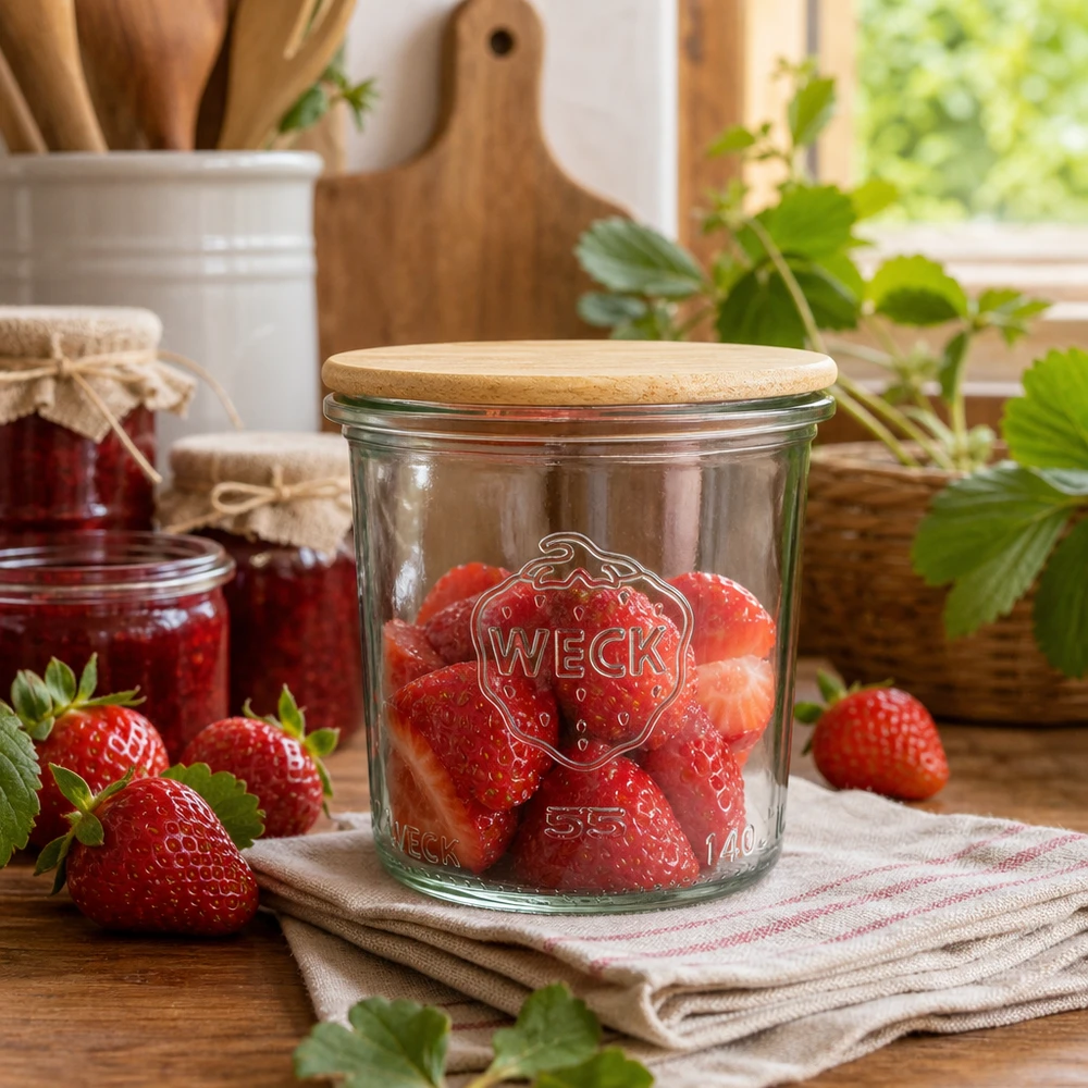 140ml bocal conique WECK RR60 avec couvercle en bois WECK Verre renversé 140ml RR60 rempli de fraises fraîches montre une utilisation pratique dans un environnement de cuisine rustique