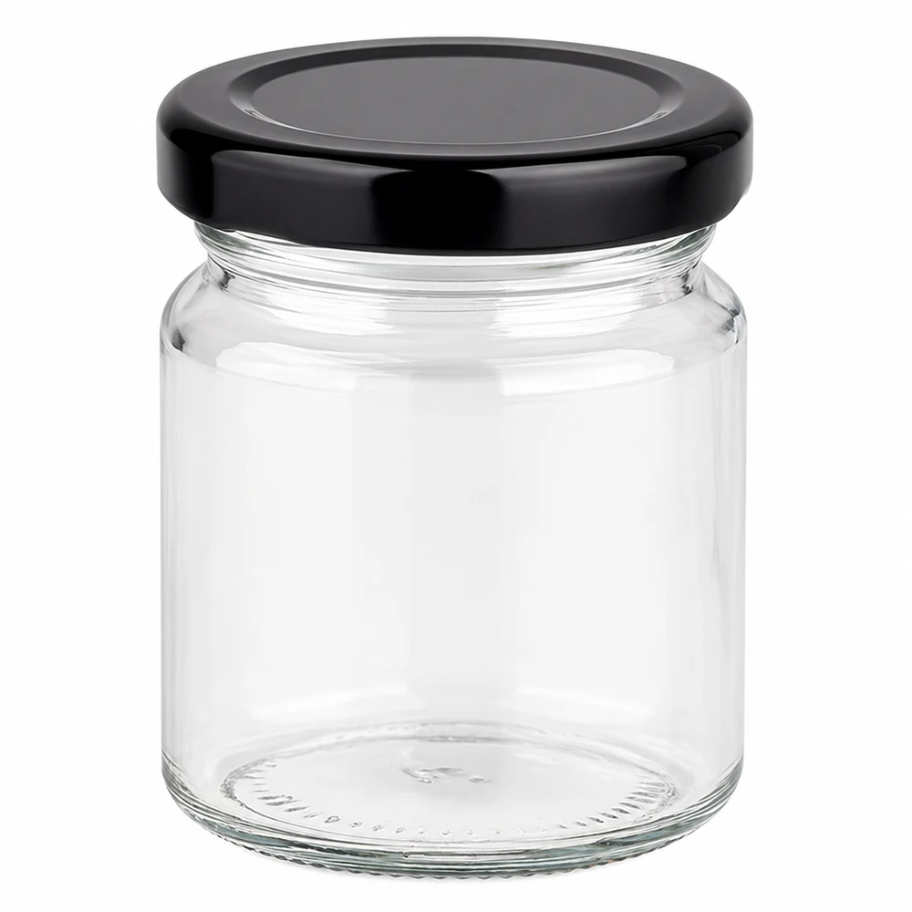 53ml Verre rond avec couvercle BasicSeal noir UNiTWIST 53ml pot rond avec couvercle BasicSeal noir vide sur fond blanc petit pot en verre pour la conservation