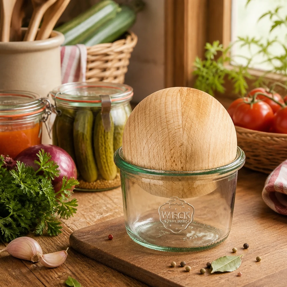 80ml bocal conique WECK RR60 avec boule en bois en hêtre WECK Pot renversé 80ml RR60 avec couvercle en bois de hêtre dans une cuisine rustique à côté d'herbes fraîches et de bocaux à conserves