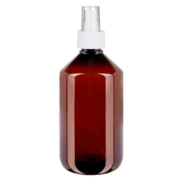 Flacon médical de 500 ml en PET, avec spray blanc GCMI 28/410 et capuchon transparent standard Flacon médical de 500 ml en PET, avec spray blanc GCMI 28/410 et capuchon transparent standard