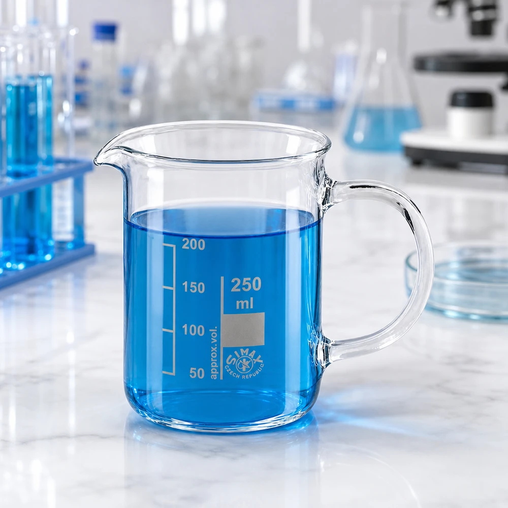 Bécher de 250 ml avec anse, rempli d'un liquide bleu, posé sur une table en marbre dans un laboratoire