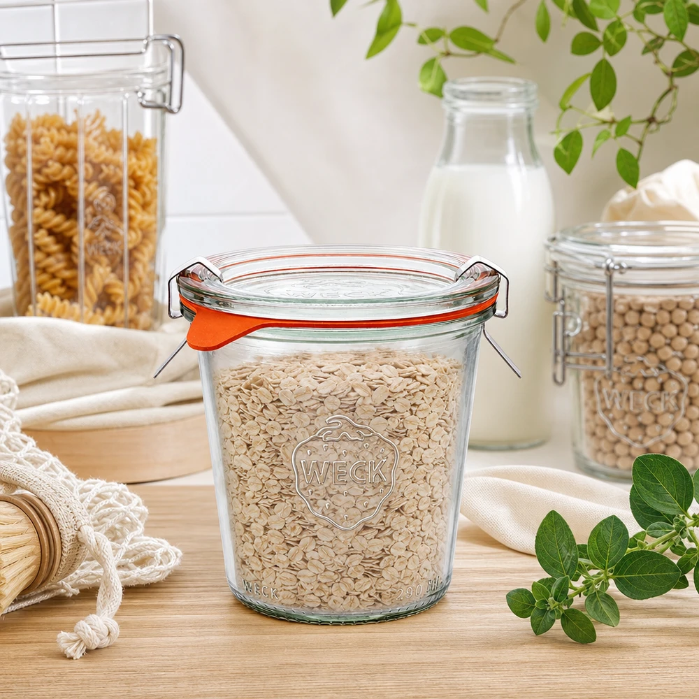 WECK Verre renversé 290ml RR80 rempli de flocons d'avoine dans une scène de cuisine naturelle avec surface en bois et plantes vertes