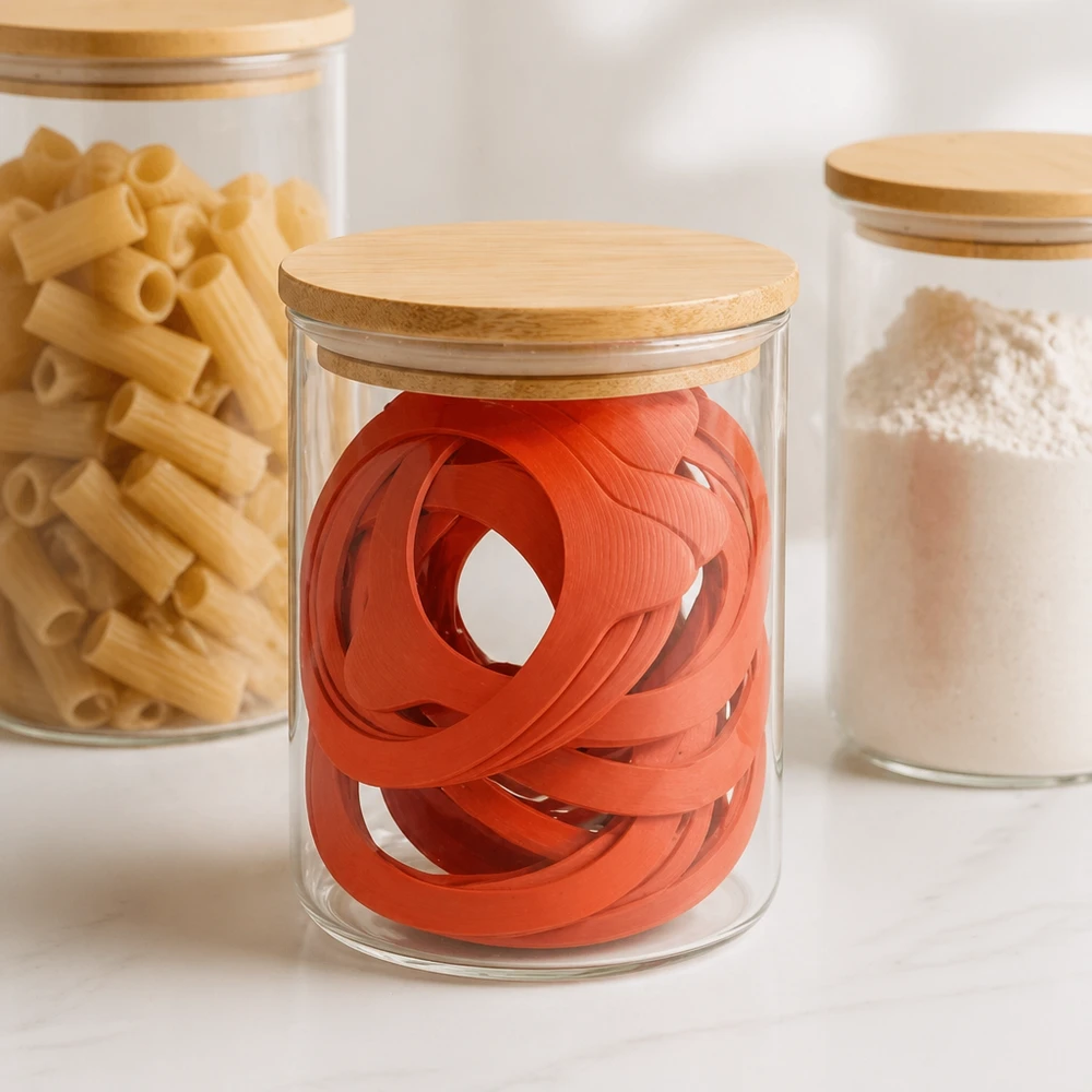Orangefarbene Einkochringe RR80 in stylischem Glasvorratsgefäß mit Holzdeckel neben Pasta und Mehl in moderner Küche