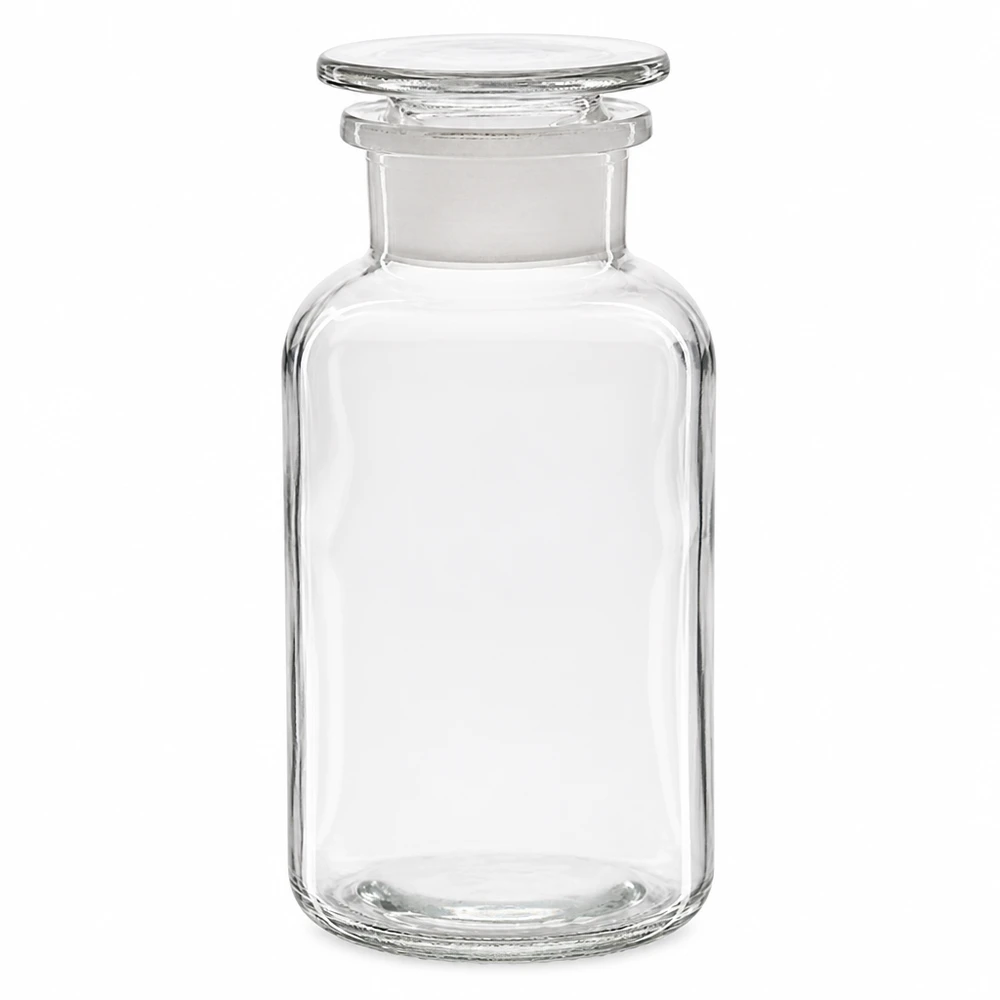 Flacon pharmaceutique 500 ml col large + bouchon verre clair Bouteille à épaulement arrondi, 500 ml, transparente, avec bouchon en verre, à col large, pour laboratoire et pharmacie
