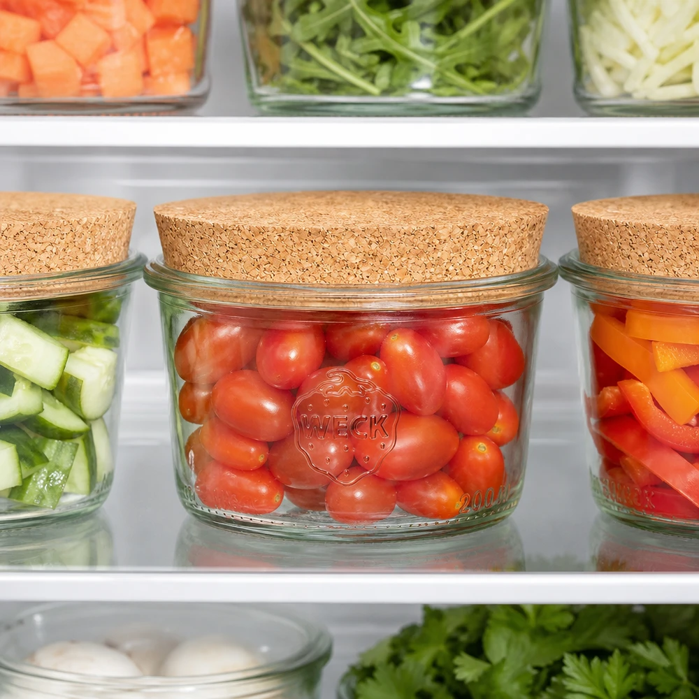WECK Pot renversé 200ml RR80 avec couvercle en liège pour la conservation au réfrigérateur de tomates et de légumes frais organisé