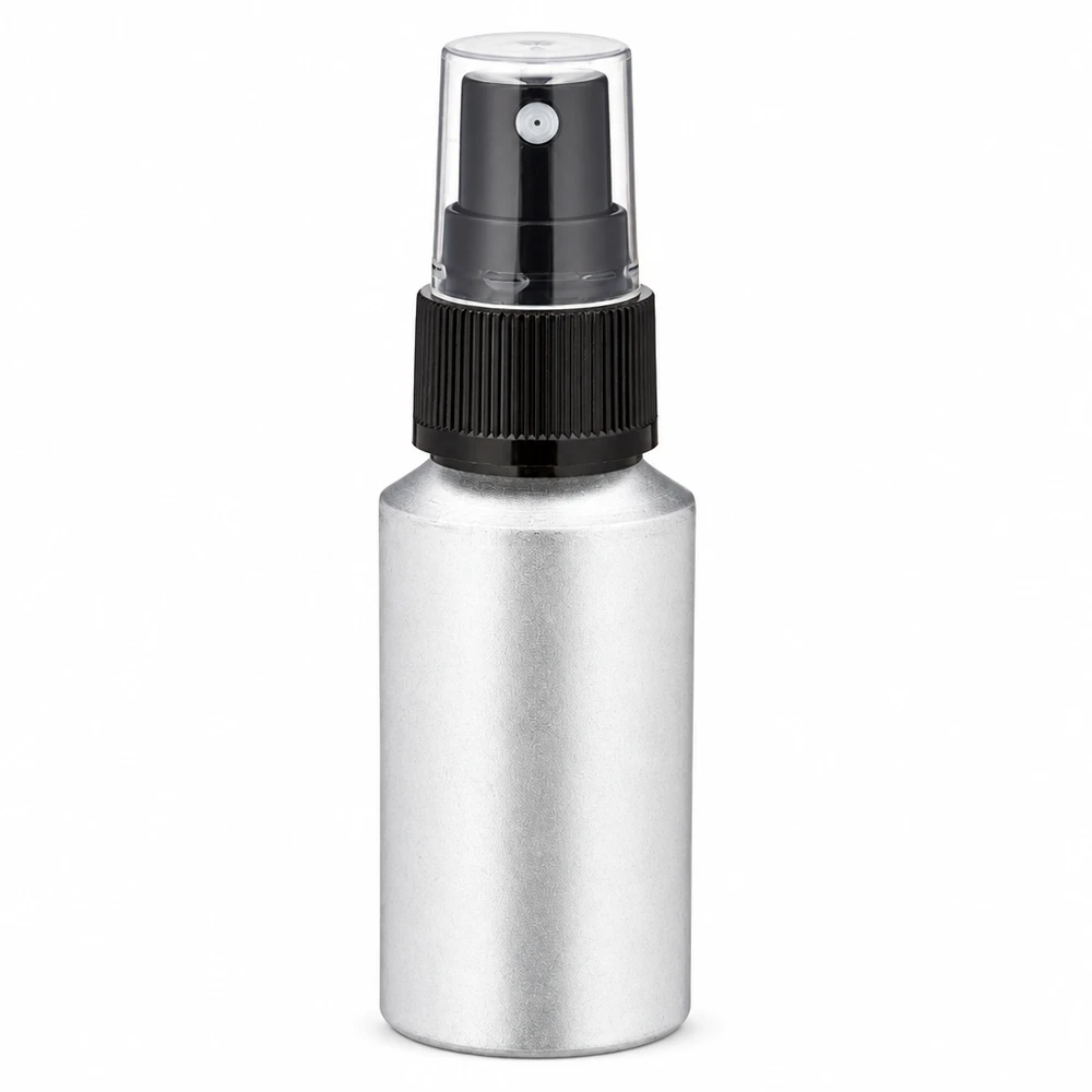 Bouteille en aluminium teinté 30 ml, avec vaporisateur à pompe noir Vaporisateur compact de 30 ml en aluminium au design argenté élégant
