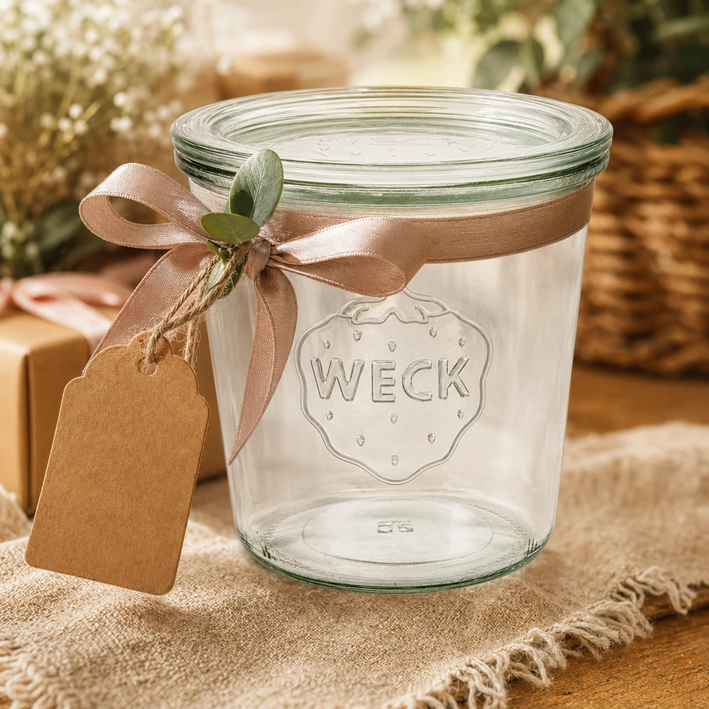 WECK Verre renversé 580ml RR100 décoré avec un ruban brun et une étiquette cadeau comme idée d'emballage cadeau