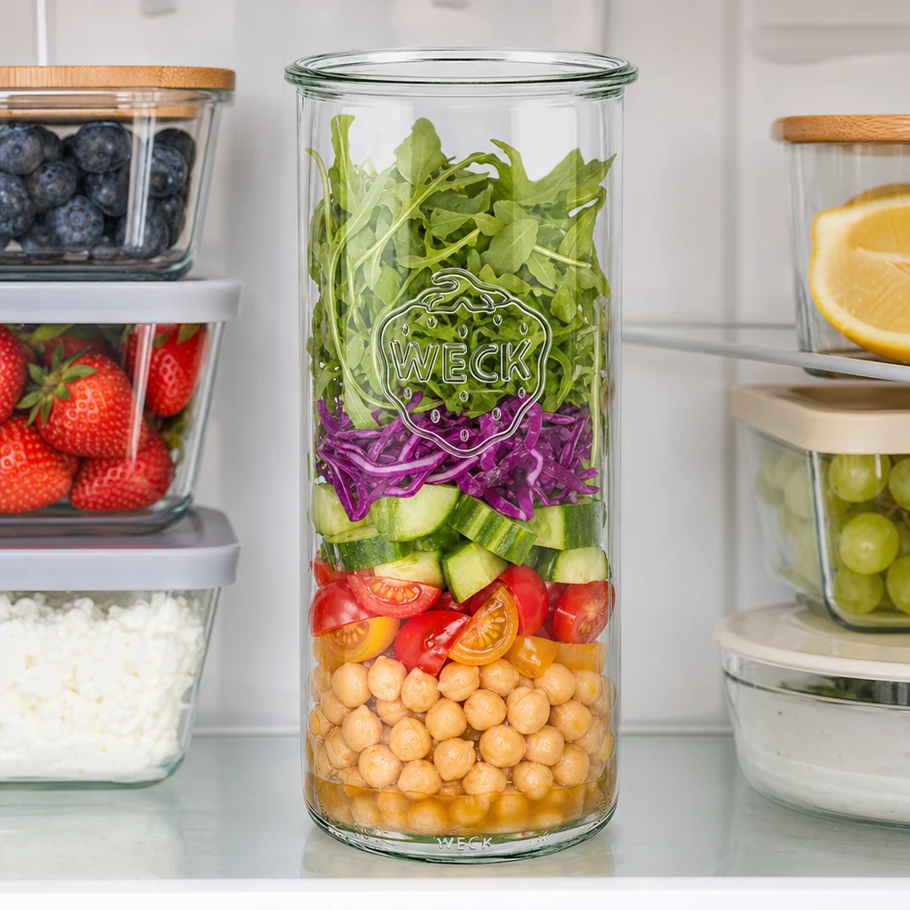 WECK RR100 Pot renversé 1500ml avec salade stratifiée de pois chiches, légumes et feuilles vertes en cuisine blanche