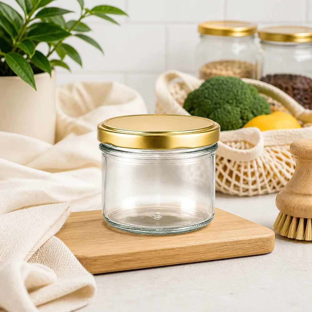 225ml verre renversé UNiTWIST or vide sur planche en bois dans cuisine durable zéro déchet avec légumes et fibres naturelles
