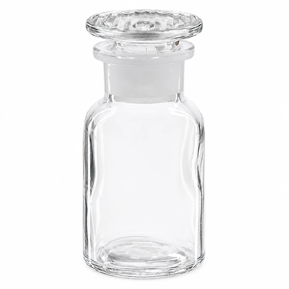 Flacon pharmaceutique 100 ml col large + bouchon verre clair Flacon en verre vide de 100 ml à col large, muni d'un bouchon en verre, destiné aux réactifs chimiques