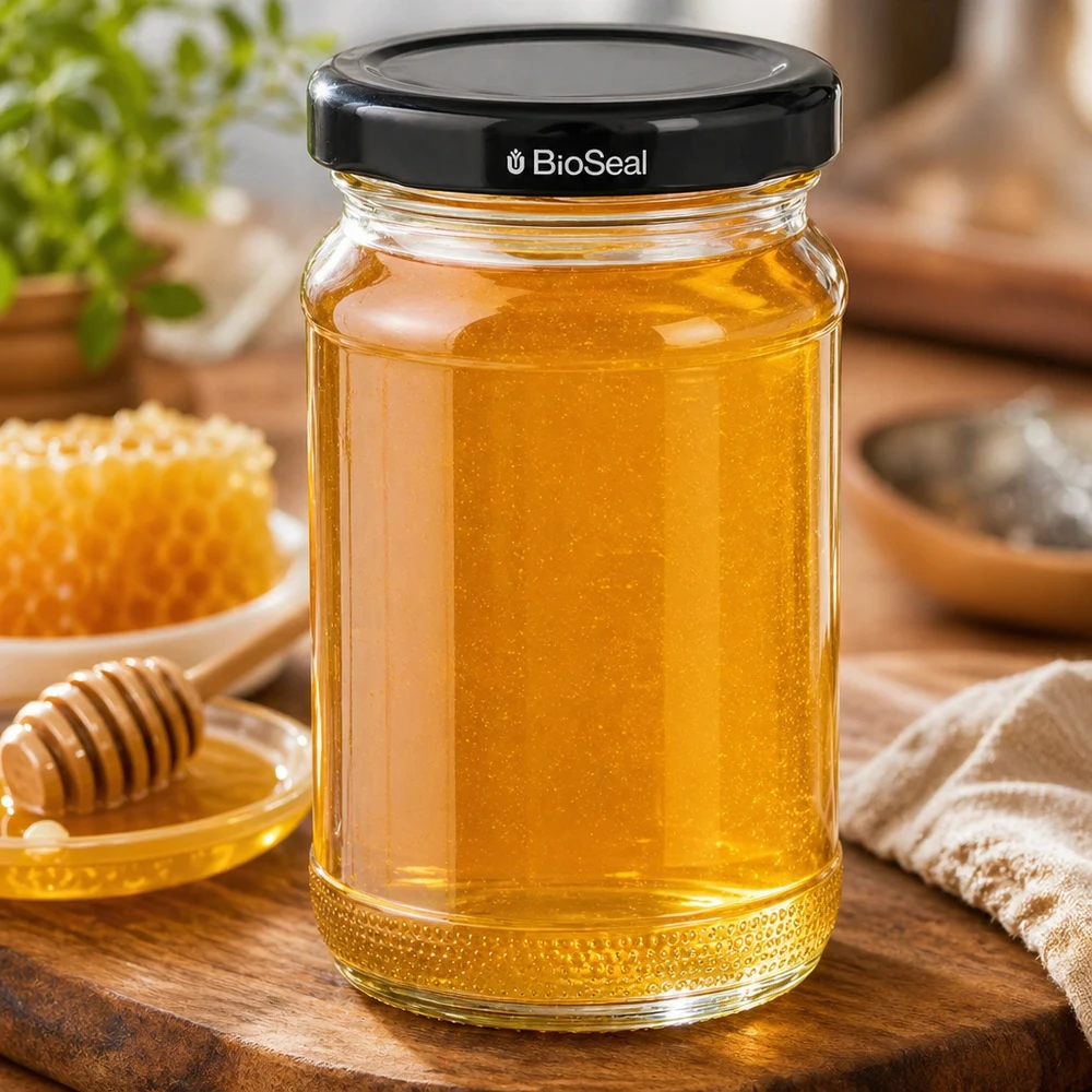 110ml Verre rond avec couvercle BioSeal noir UNiTWIST UNiTWIST Runda110 rempli de miel doré - couvercle noir TO48 BioSeal - pot à miel avec cuillère en bois et nid d'abeille