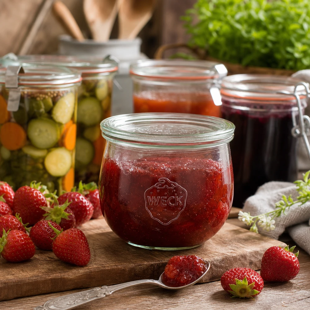 580ml bocal tulipe avec bouchon en verre WECK RR100 WECK Pot tulipe 580ml RR100 rempli de confiture de fraises à côté de fraises fraîches et de légumes marinés sur une planche en bois