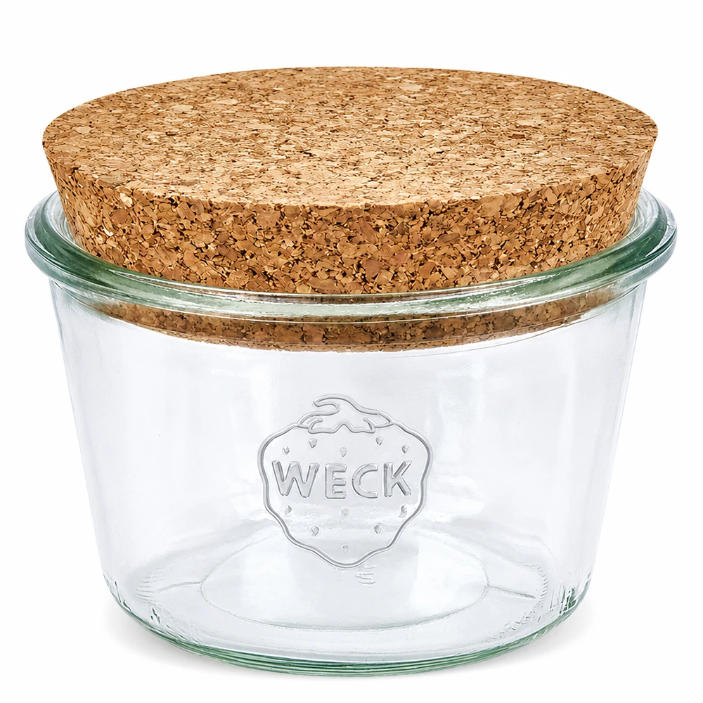WECK Pot renversé 370ml RR100 avec bouchon en liège naturel Pot de conserve transparent pour la conservation