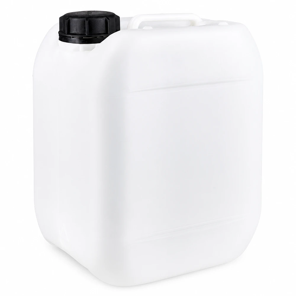 Bidon en plastique blanc de 5 litres, muni d'un bouchon à vis noir et d'une poignée de transport