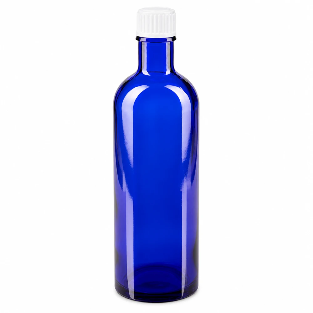 Flacon de pharmacie bleu 200ml bouchon vissable blanc standart Flacon de pharmacie bleu en verre de 200 ml avec bouchon à vis blanc