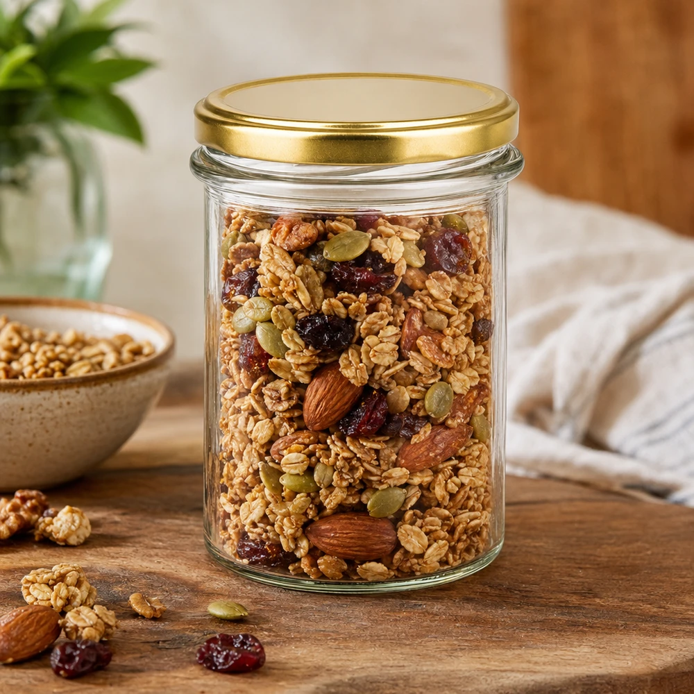 230ml Verre conique avec couvercle BasicSeal or UNiTWIST 230ml pot BasicSeal couvercle doré rempli de muesli noix fruits secs à conserver sur table en bois
