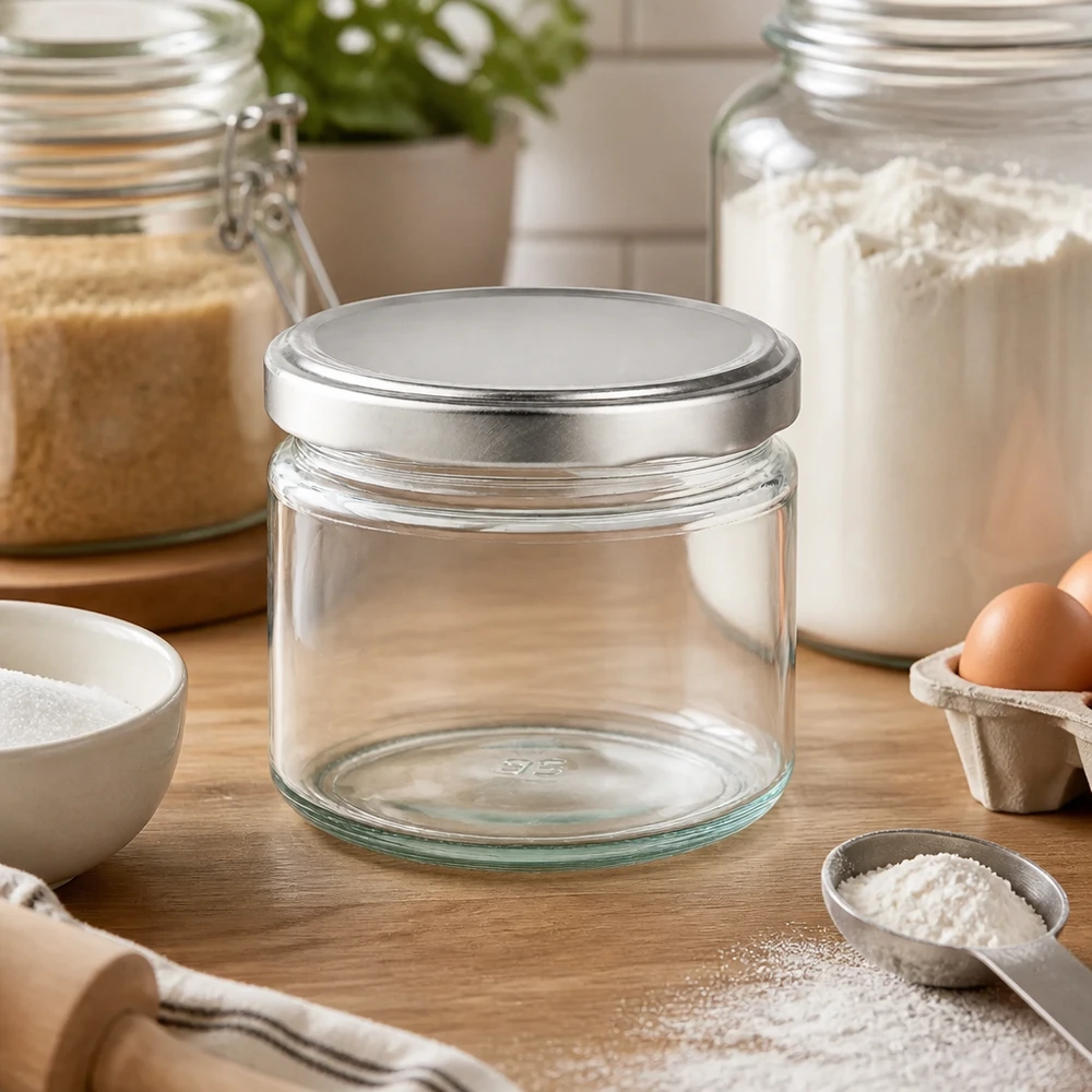 Pot rond de 330ml avec couvercle BasicSeal vide entre les ingrédients de cuisson sur table en bois Pot de conservation pour la cuisine et la pâtisserie