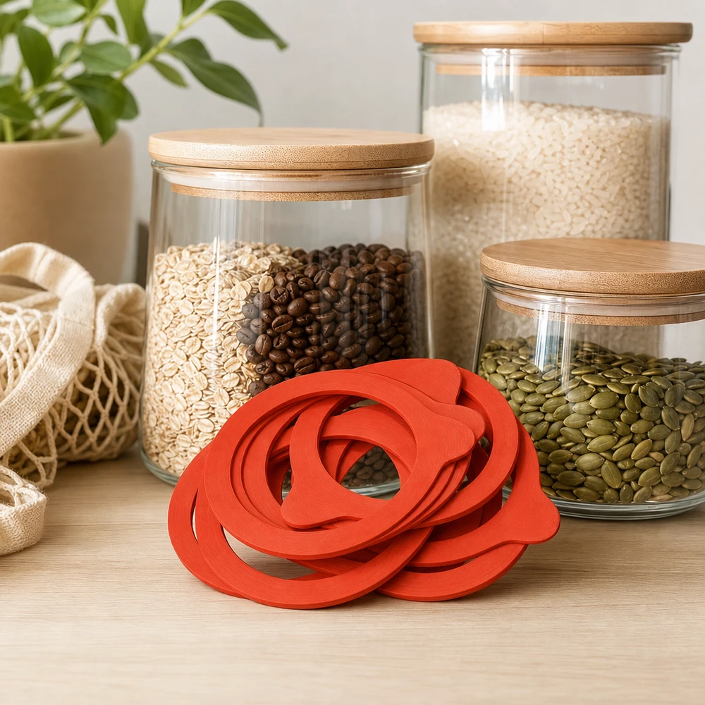 Bague d'étanchéité en caoutchouc naturel RR80 Einkochring RR80 Naturgummi rot in moderner Vorratsküche mit Vorratsgläsern Reis Kaffee Samen Mesh-Beutel