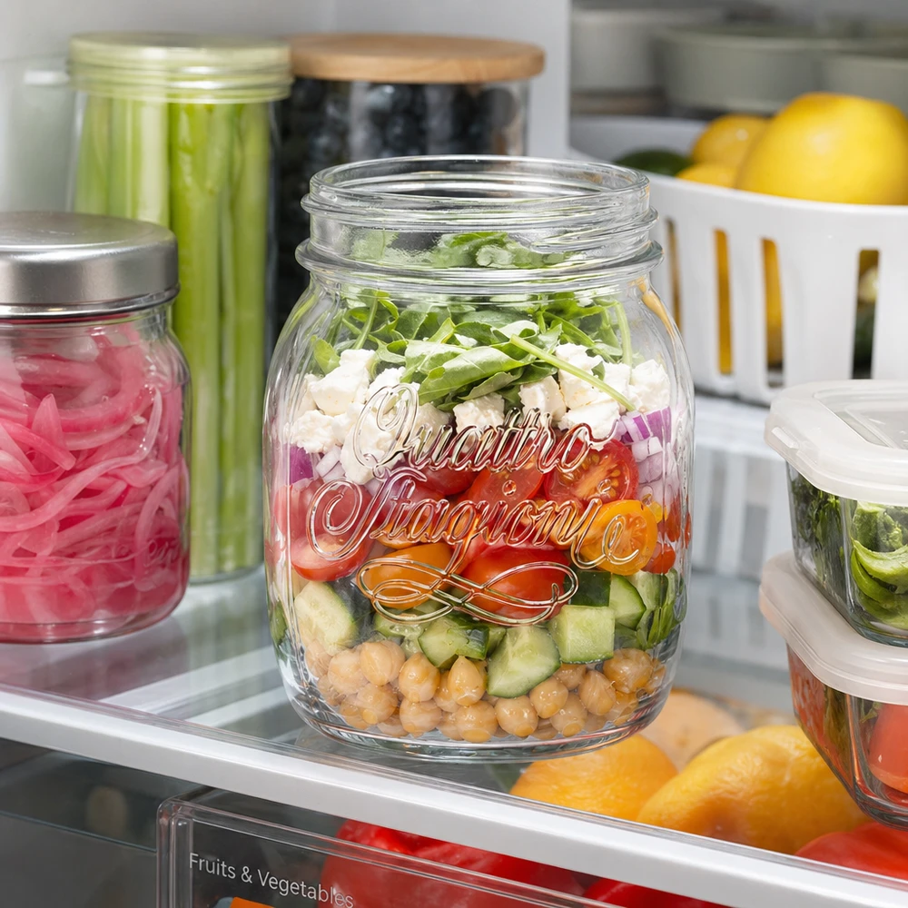 700ml Verre rond "Quattro Stagioni" QS86mm Quattro Stagioni 700ml Haushaltsglas mit Schichtsalat im Kühlschrank - praktische Glasaufbewahrung für Meal Prep und Vor