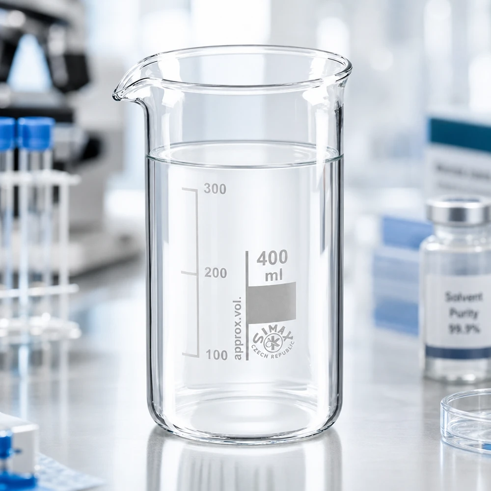 Bécher en verre transparent de 400 ml, de forme haute, avec une échelle graduée en millilitres imprimée, sur une paillasse de laboratoire