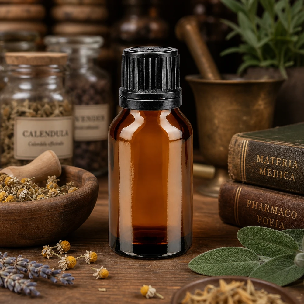 Flacon de pharmacie brun 15ml bouchon compte-gouttes 1mm noir bouchon inviolabilité Plantes médicinales et flacon de pharmacie marron de 15 ml muni d'un bouchon compte-gouttes noir, devant d'anciens ouvrages de pharmacopée