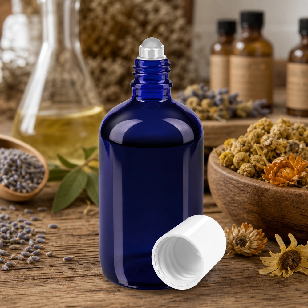 Flacon en verre d'apothicaire bleu de 100 ml muni d'un applicateur à bille, contenant des herbes et des fleurs séchées
